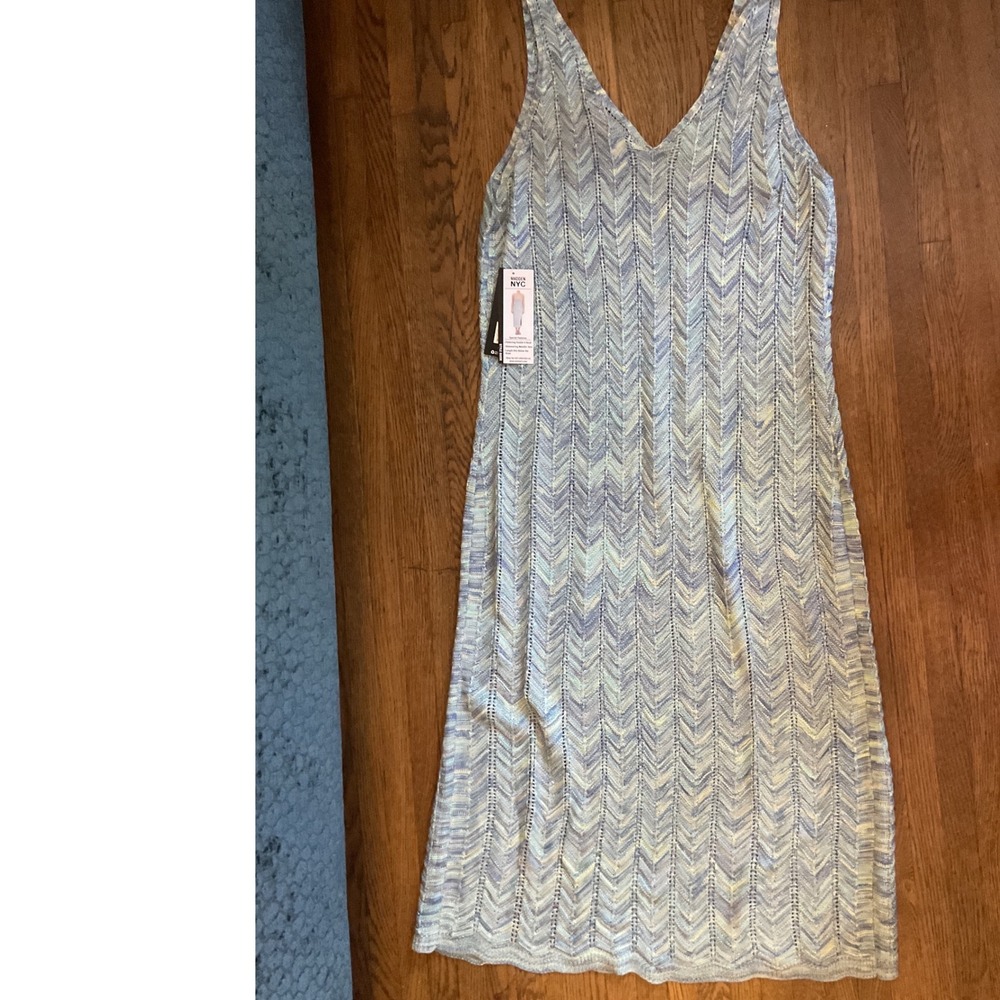 Madden NYC Crochet Metallic Knit Dress Blue Green Chevron Double V-Neck Midi